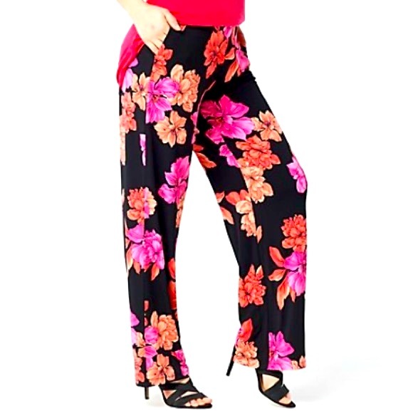 Susan Graver Regular Printed Liquid Knit Pull-On Wide Leg Pants ~ Black/Coral - Picture 8 of 8